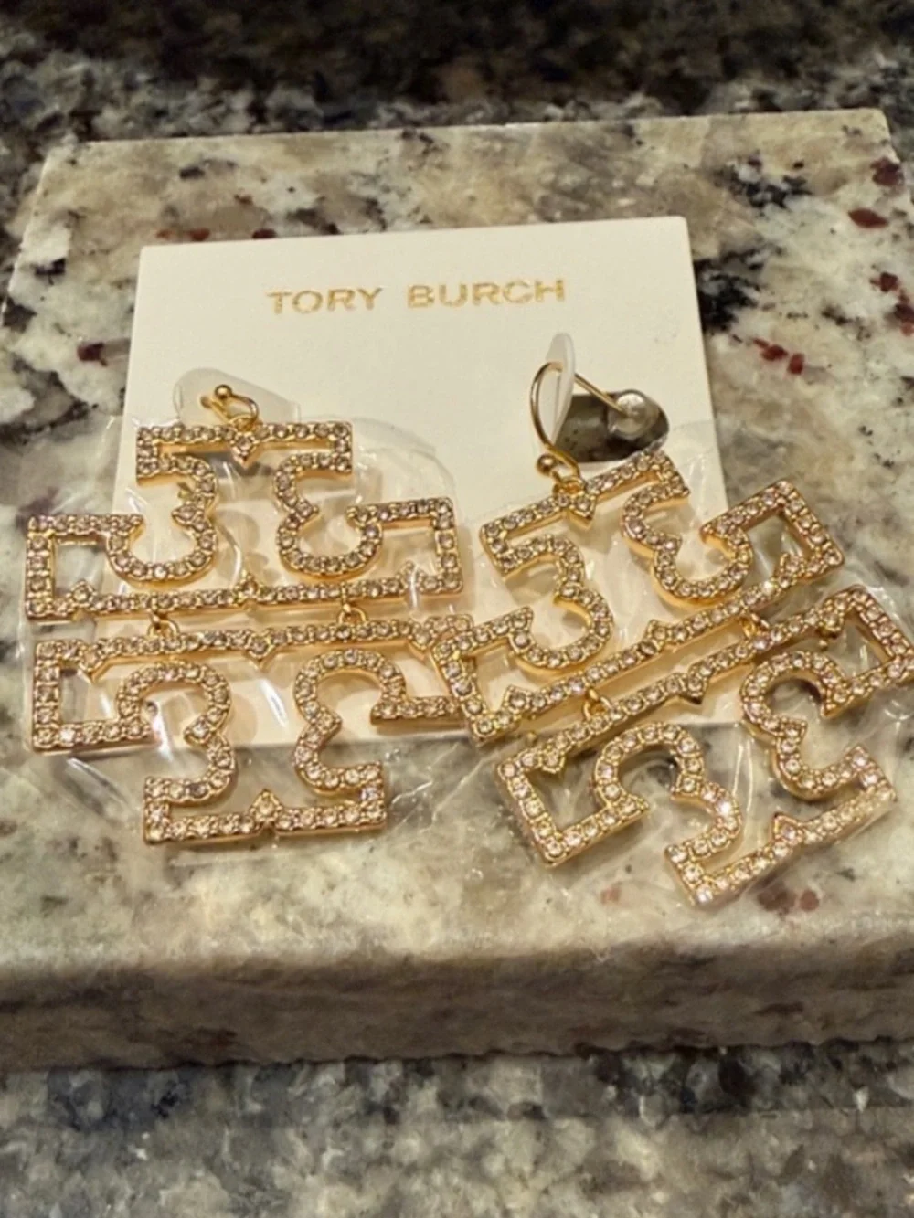 Tory Burch Gold Crystal Double-Tier Logo Drop Earrings NEW $129